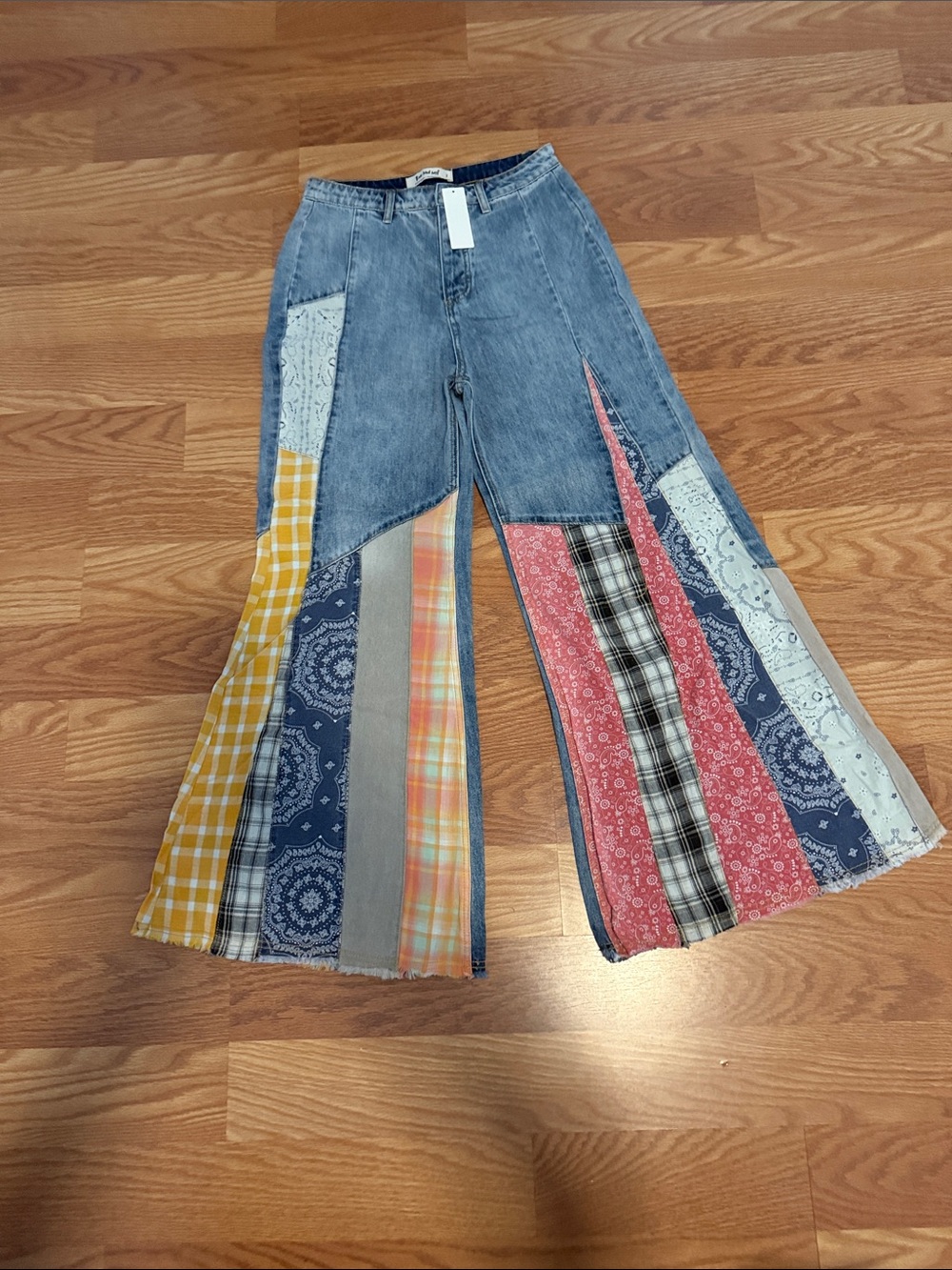 Three Bird Nest Patchwork Flare Jeans - Blue, Yellow, Red, Pink, Gray